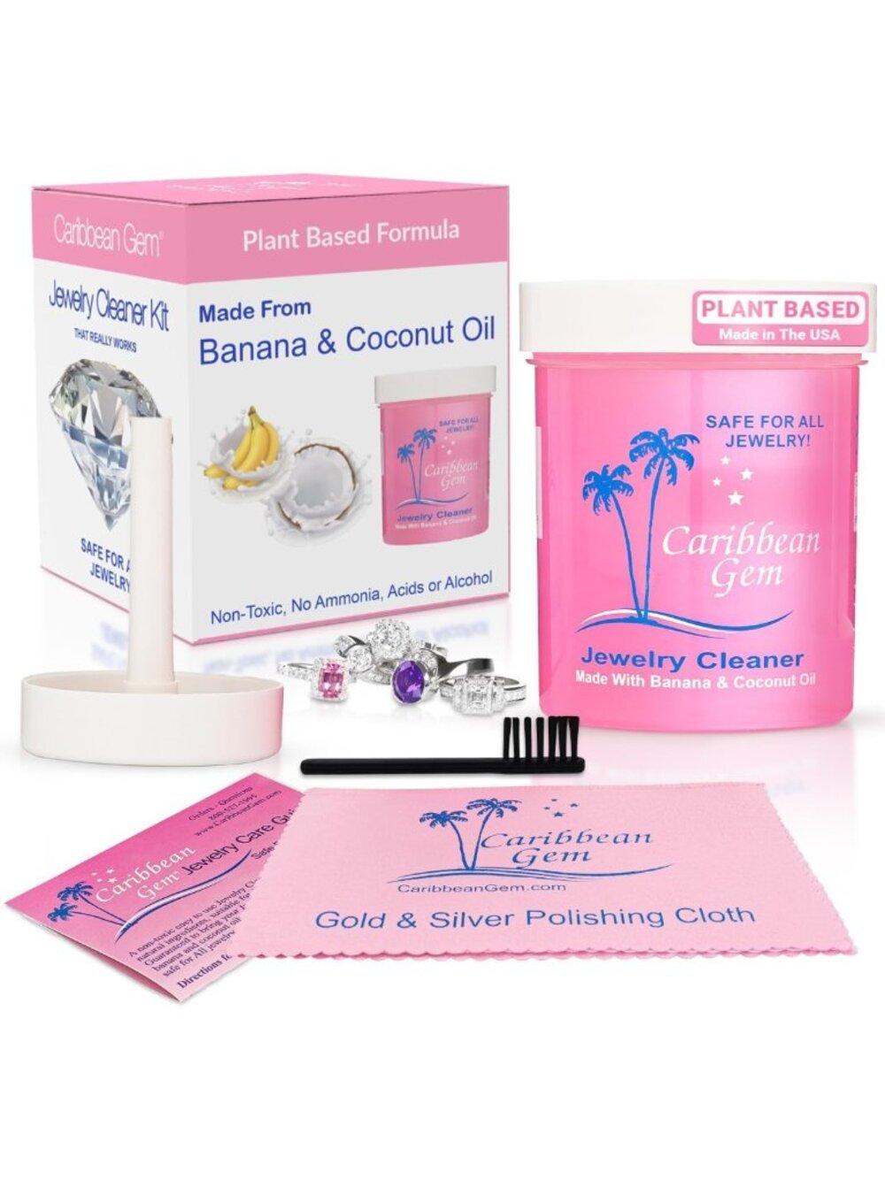 Jewelry Cleaner Kit 8oz - All-Purpose Solution with Basket, Brush & Cloth for